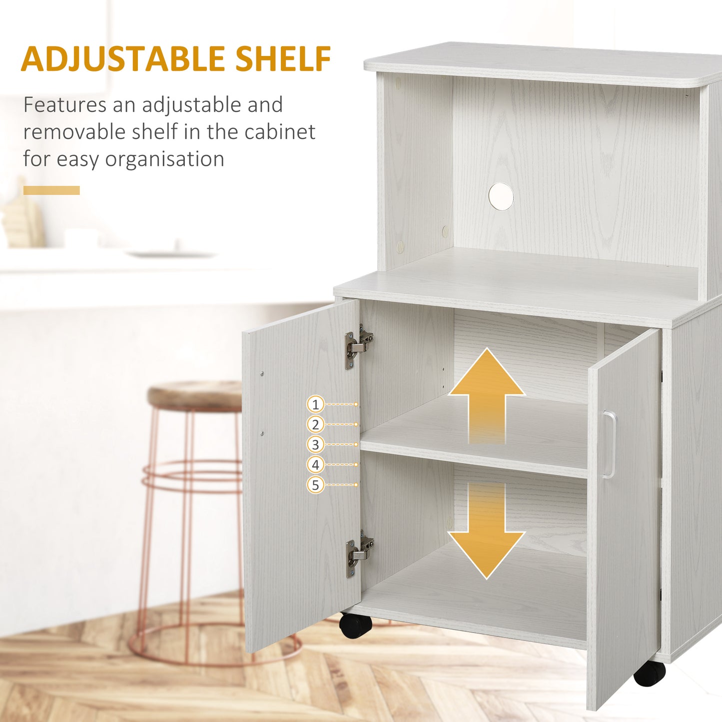 HOMCOM Kitchen Storage Unit, Modern Microwave Stand Trolley Cart, Sideboard with Cabinet,  Locking Wheels, Shelf for Living Room, Dining Room, White