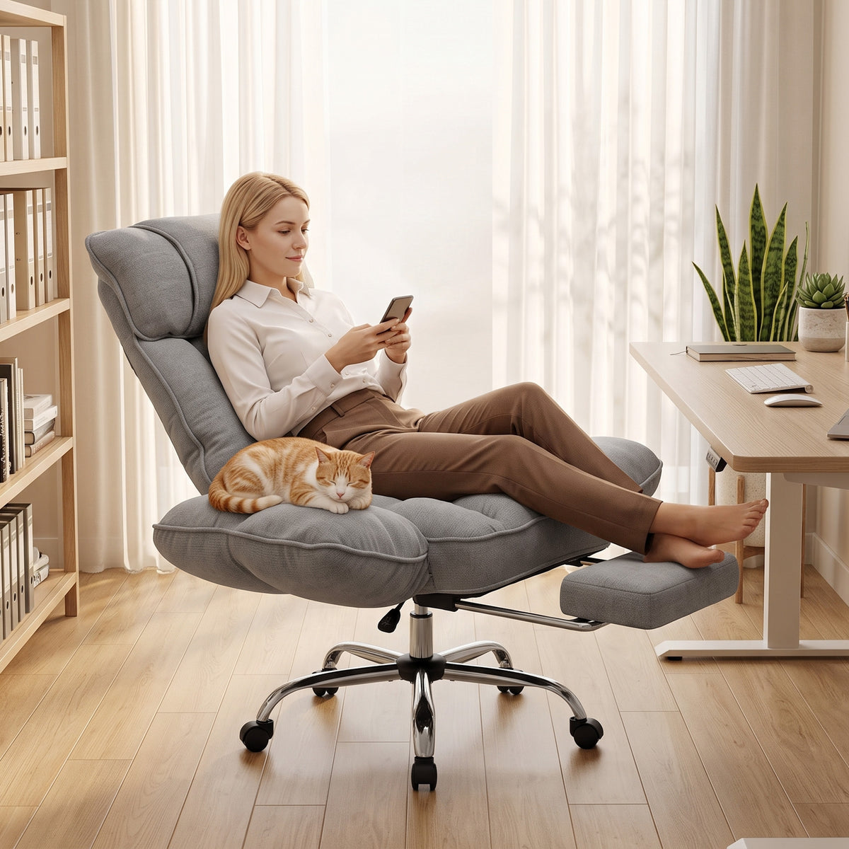 HOMCOM Executive Office Chair Height Adjustable Desk Chair Reclining Flip-up Armrest Footrest, Grey