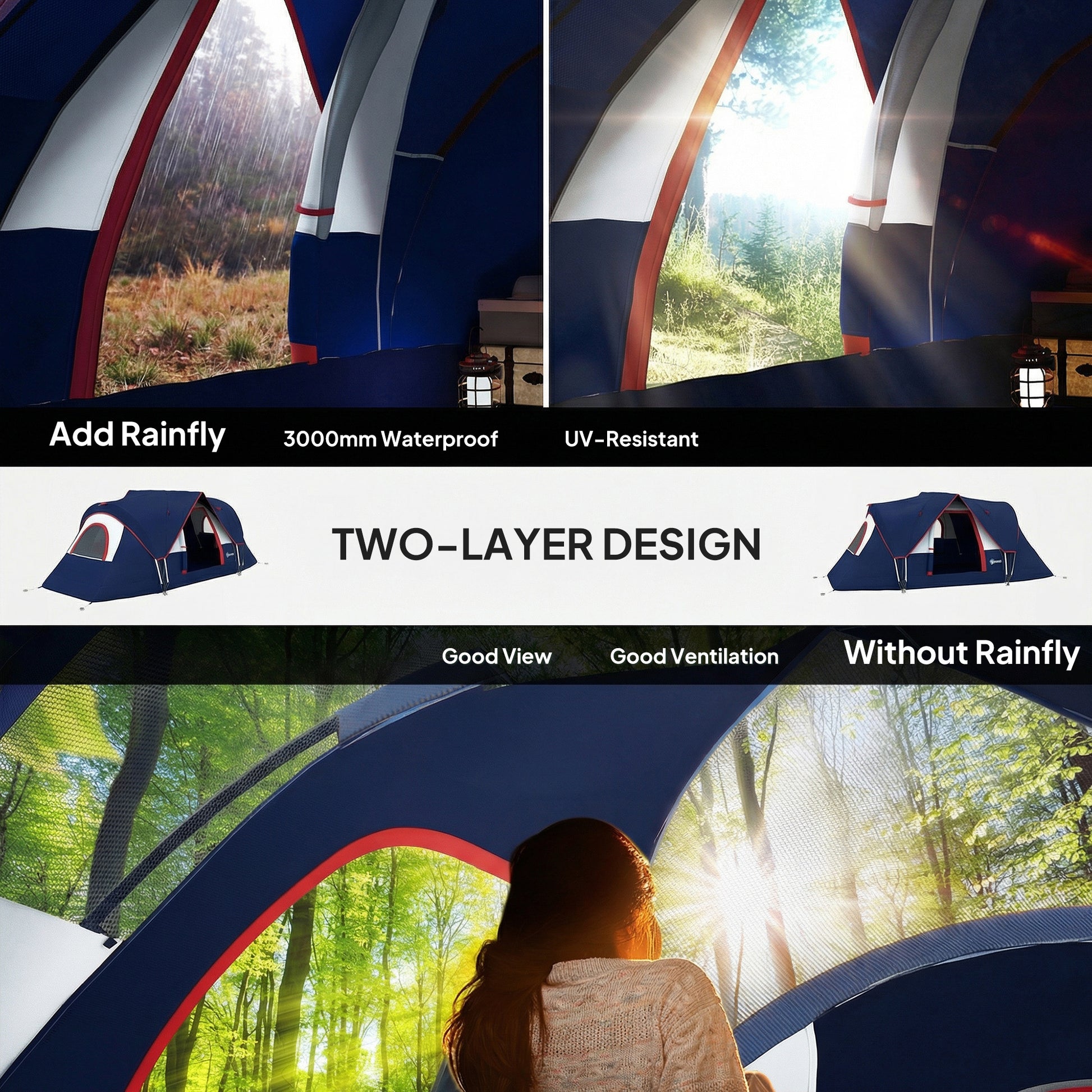 Outsunny 5 Man Camping Tent, Large Tunnel Tent, Water Resistant Hiking Shelter with Groundsheet and Carry Bag, Navy Blue