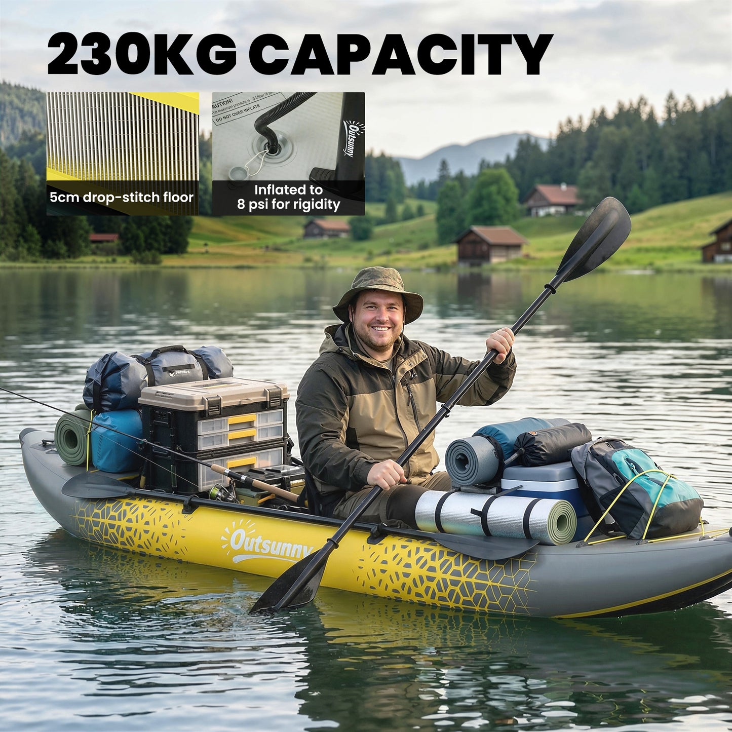 Outsunny 12.5' Inflatable Kayak Set, 2-person Sit on Canoe with Aluminium Oars, Grey and Yellow