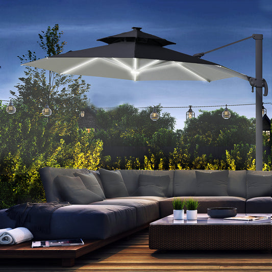 Outsunny 3m Cantilever Parasol w/ Solar Lights Power Bank Base 360Â° Spin Dark Grey