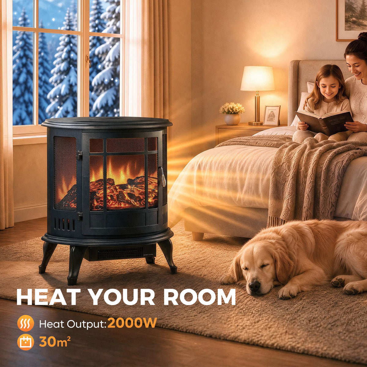 HOMCOM Electric Fireplace Stove, Freestanding Electric Fire Heater with Realistic LED Flame, 2000W, Black
