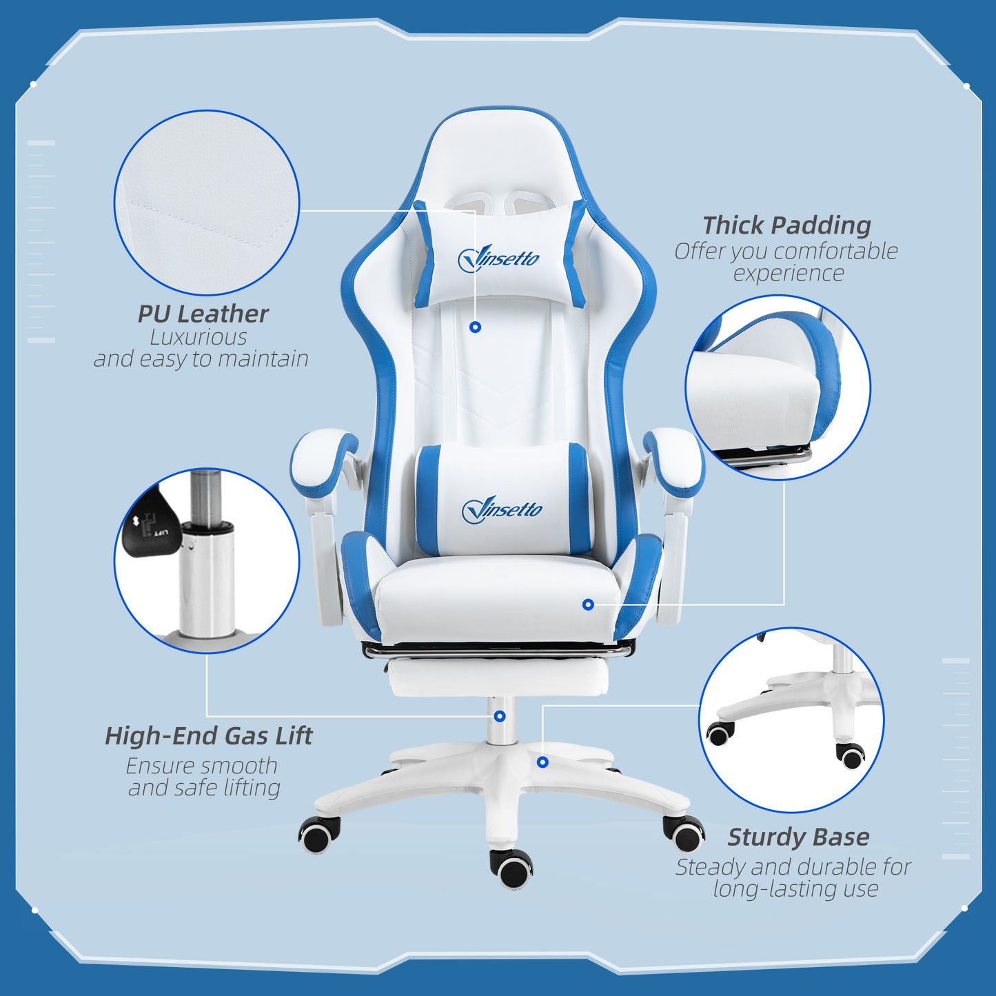 Vinsetto Computer Gaming Chair, PU Leather Office Desk Chair with Footrest, Swivel Wheels, 135Â° Reclining Back, Lumbar Support, Headrest for Home, White and Blue