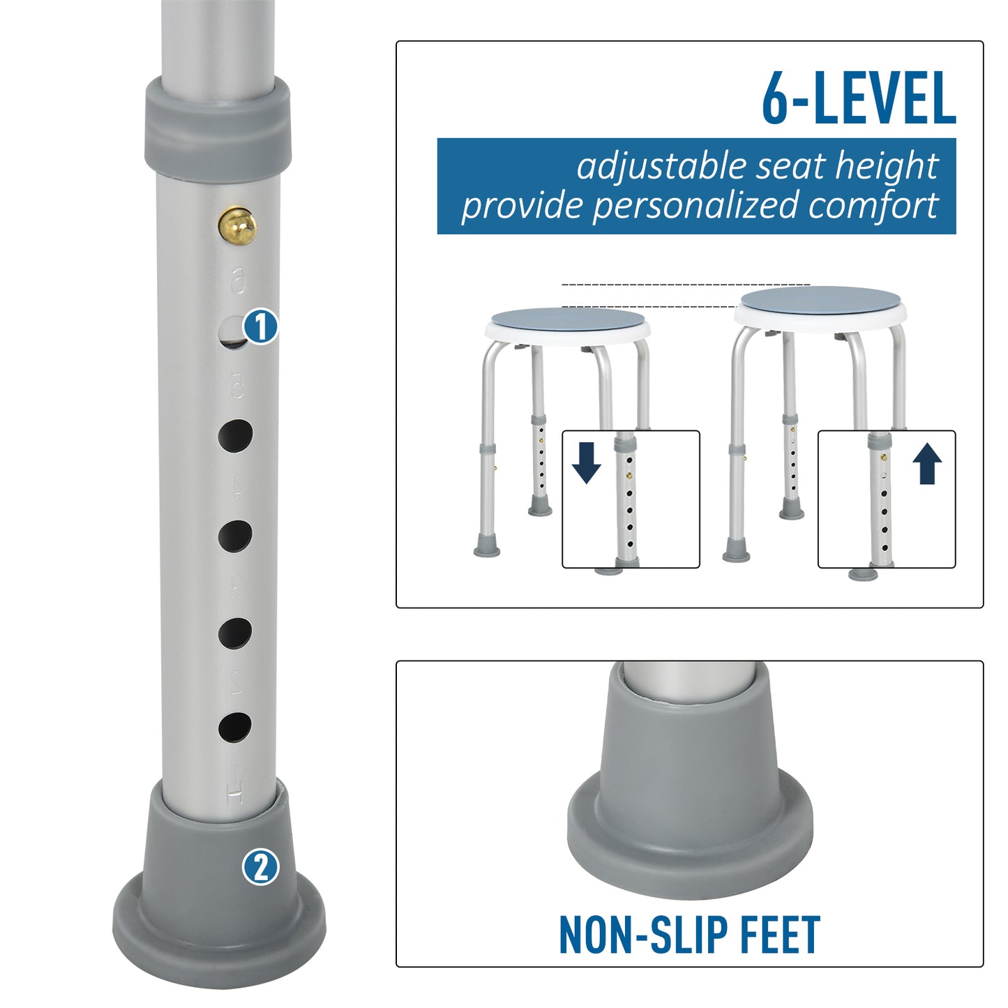 HOMCOM 360Â° Swivel Shower Chair, Height Adjustable Aluminium Shower Stool with Non-Slip Feet for Disabled, Elderly, Light Blue