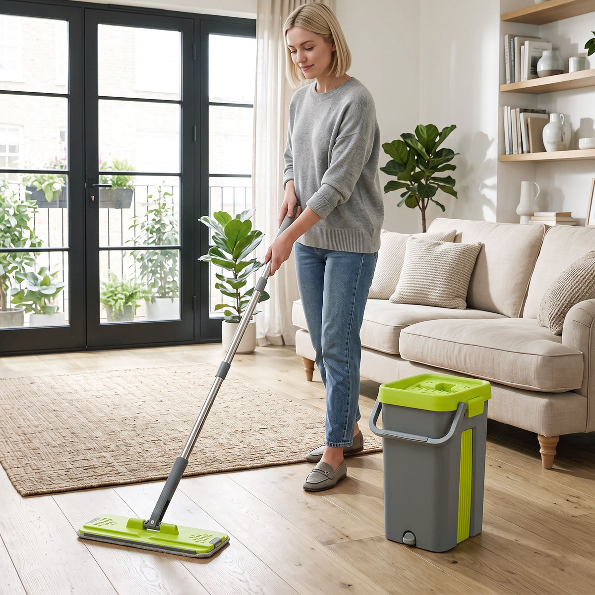 HOMCOM Mop and Bucket with Wringer Set, Flat Mop and Bucket with 2 Chambers, Rotating Head, Wet and Dry Use, Dark Grey
