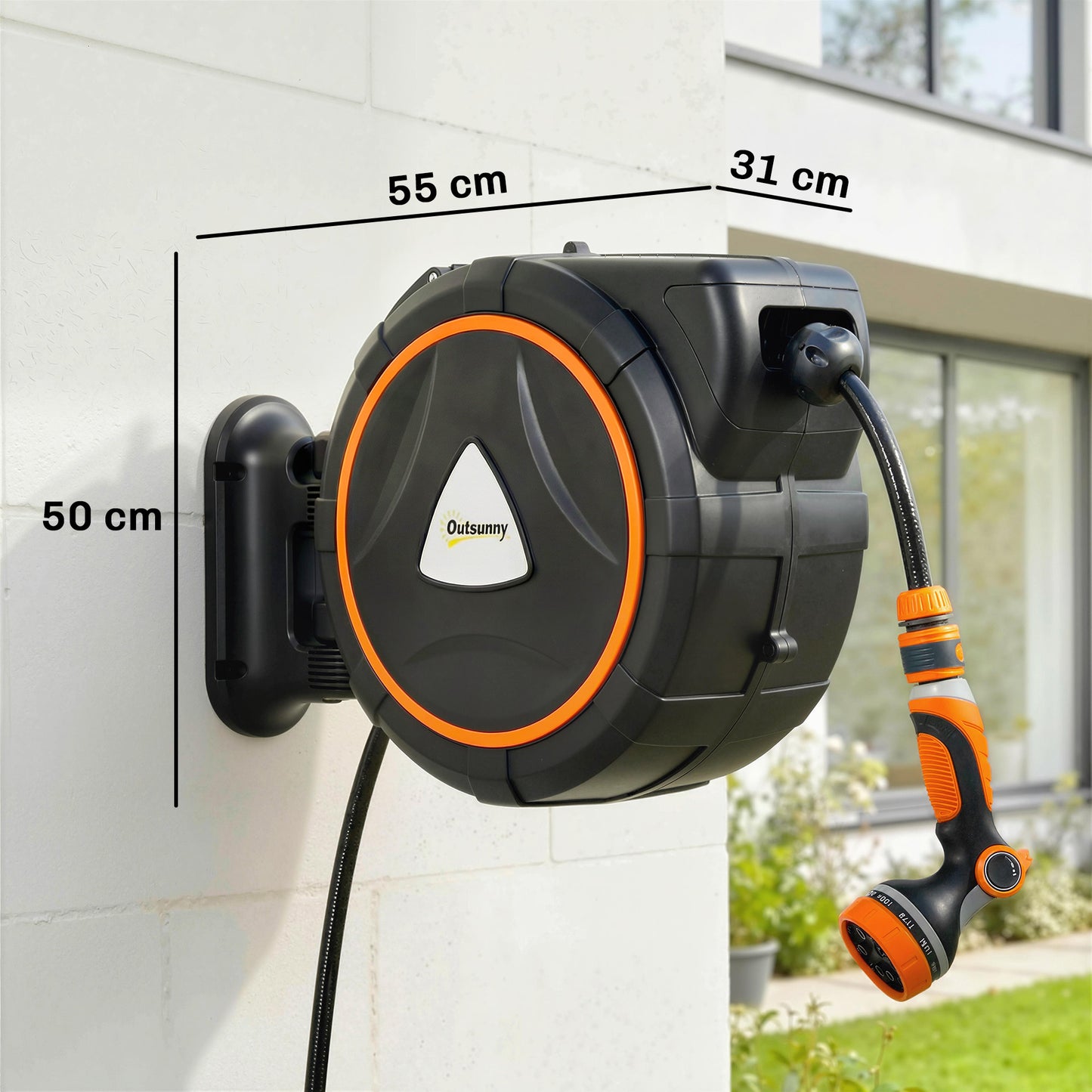Outsunny 23+2m Retractable Hose Reel Wall Mounted with Auto Retraction, Self-Locking, Slow Return System, 12-Pattern Nozzles