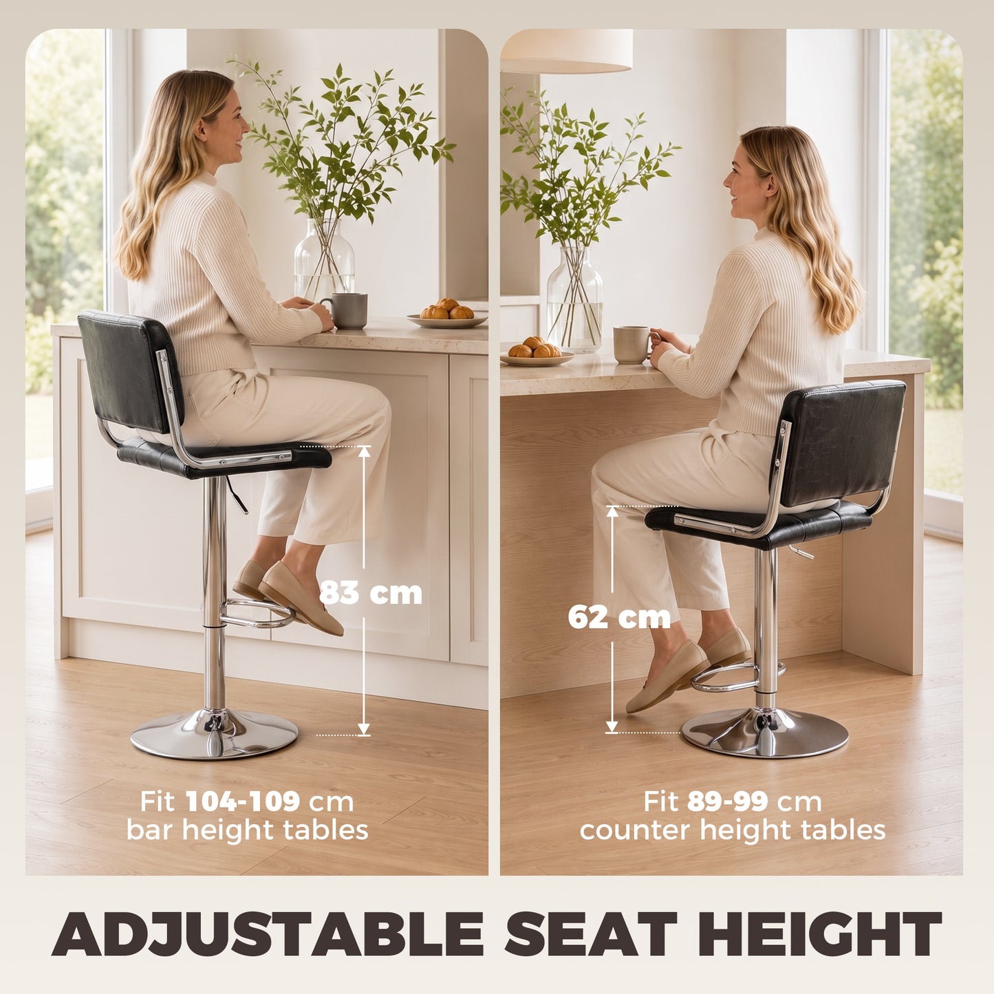 HOMCOM Bar Stools Modern PU Leather Adjustable Breakfast Bar Stools Backrest Set of 2 Black