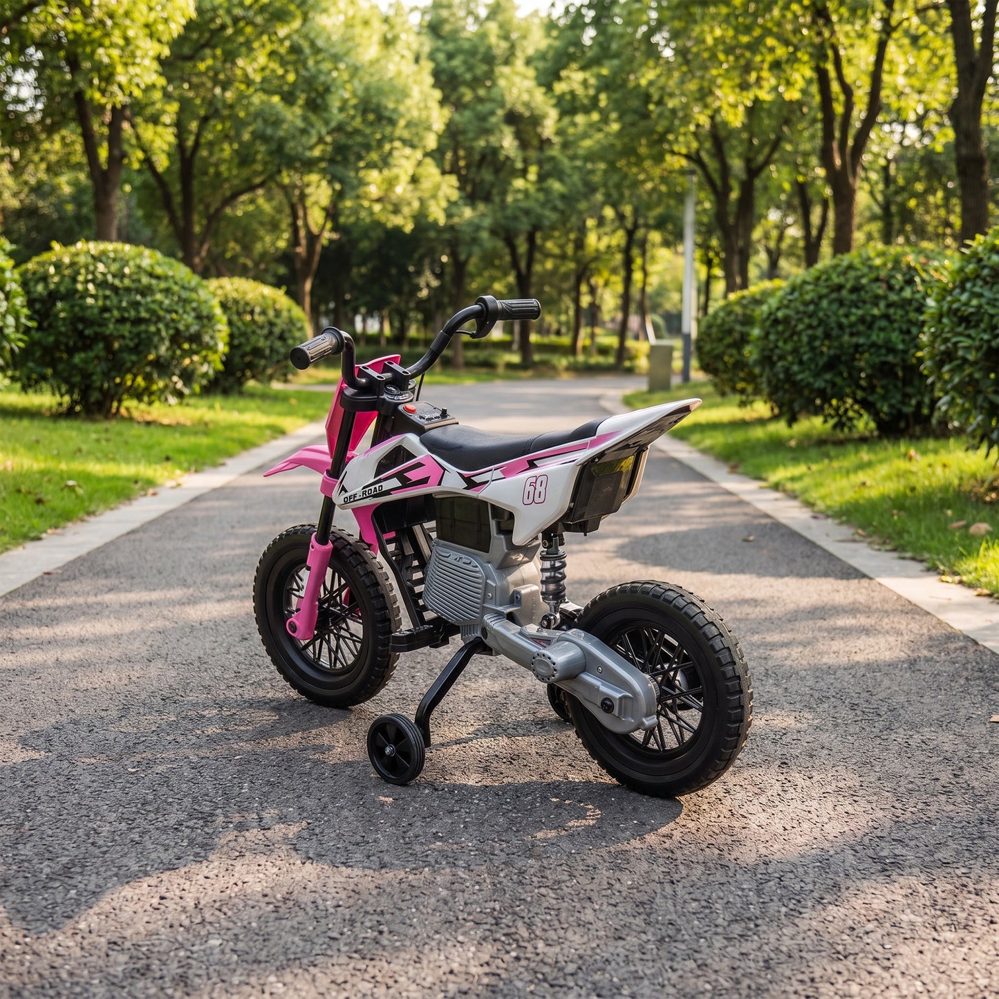 AIYAPLAY Kids Electric Motorcycle, 12V Ride On Motorbike with Training Wheels, Soft Start, Suspension, Music for 3â€“6 Years, Pink