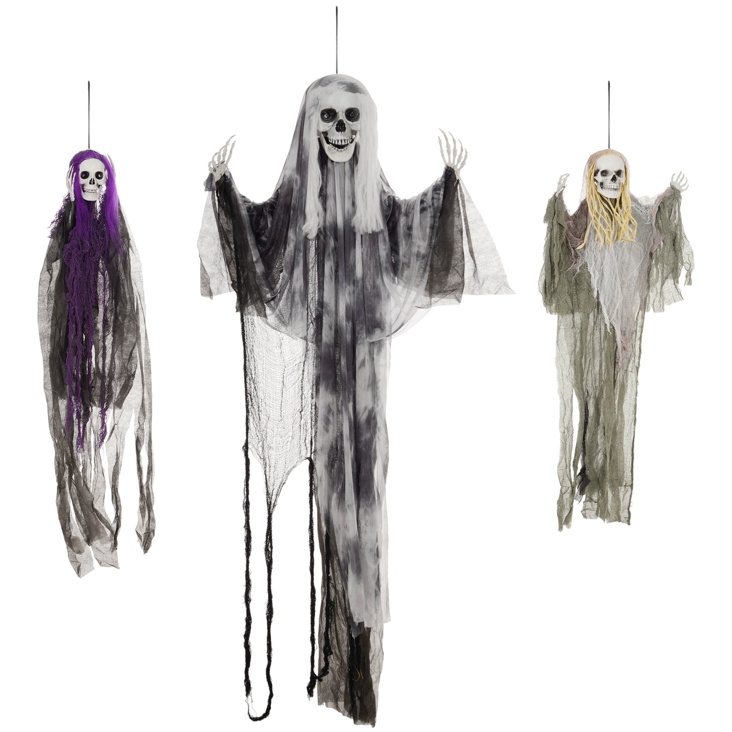 HOMCOM Set of 3 Hanging Skeleton Halloween Decorations, Scary Flying Ghost for Garden, Party, 90/110/170cm Default Title