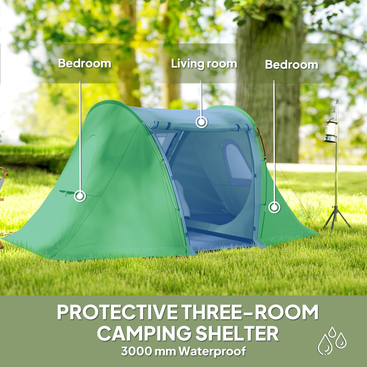 Outsunny 3 Man Camping Tent with Living Area and 2 Bedrooms, 3000mm Waterproof Family Tent with Sewn-in Groundsheet and bag, Portable Dome Shelter  for Hiking, Festival, Backpacking, Green