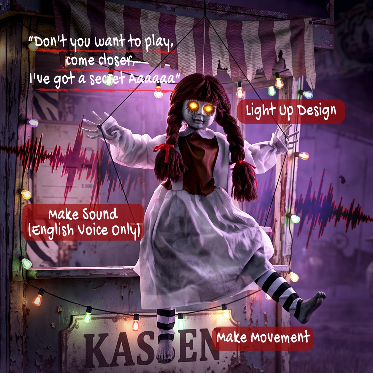 HOMCOM 80 cm Halloween Animated Hanging Creepy Girl on Swing Decoration, Kicking Legs, Sound and Touch Activated