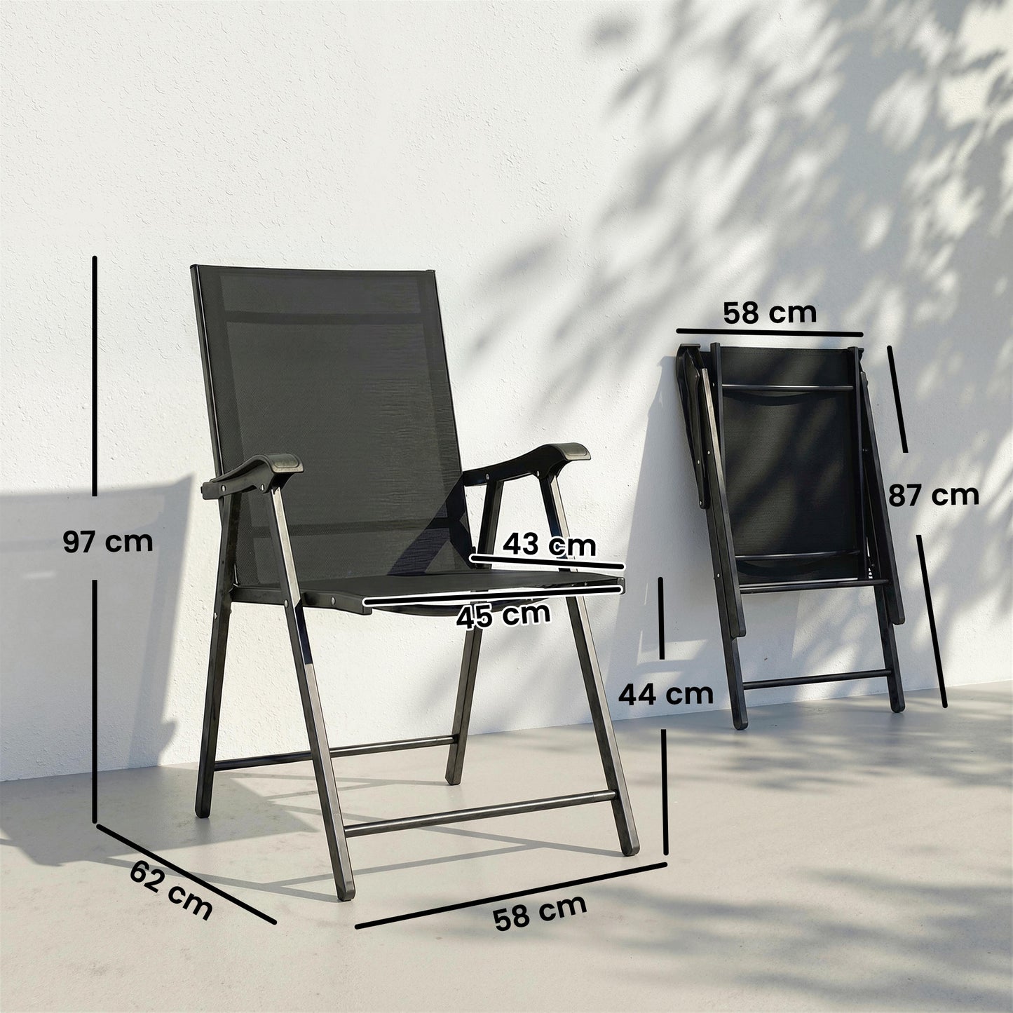 Outsunny Folding Garden Chairs Set of 4 with High Back, Armrests, Texteline Seat, Black