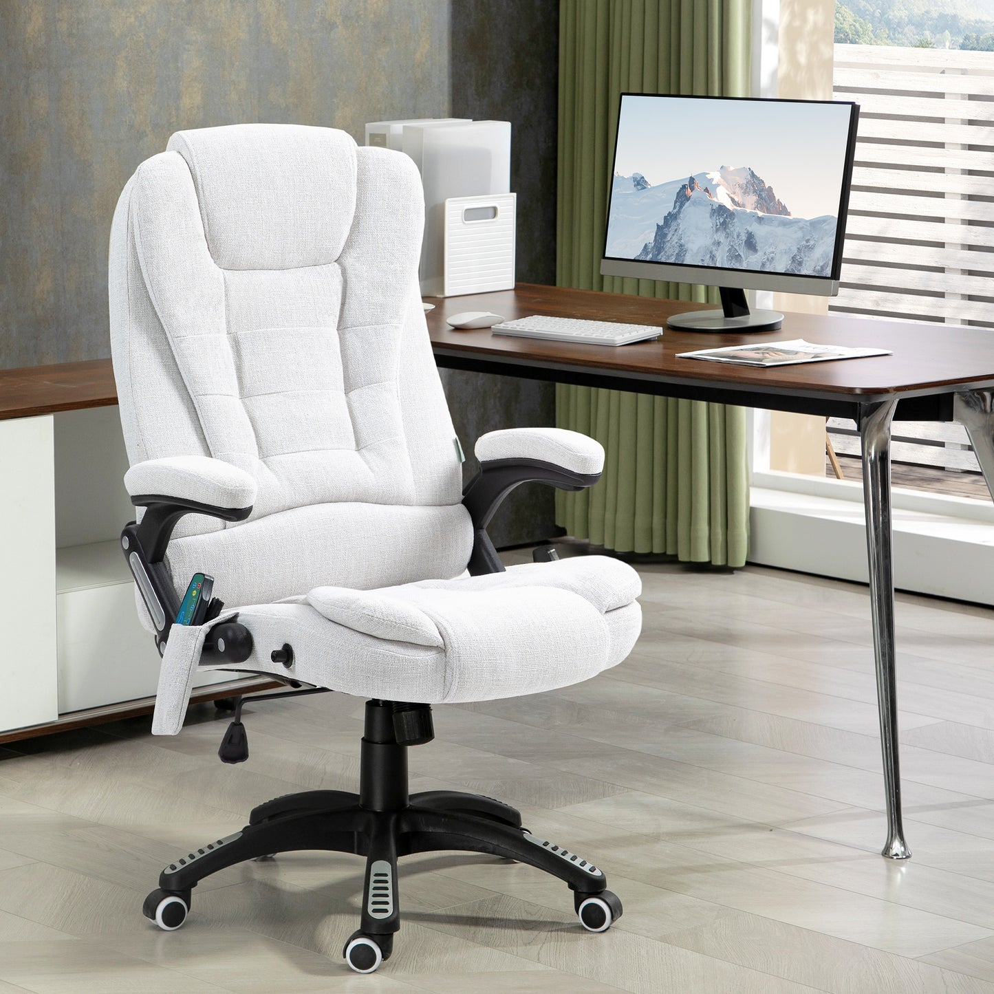 Vinsetto Massage Recliner Chair Heated Office Chair with Six Massage Points Linen-Feel Fabric 360Â° Swivel Wheels Cream White