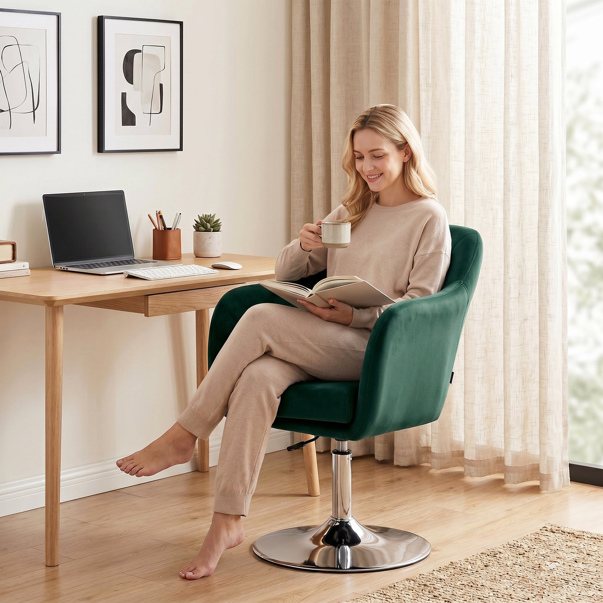 HOMCOM Retro Velvet Swivel Tub Chair with Steel Frame, Cushion Seat, Dark Green