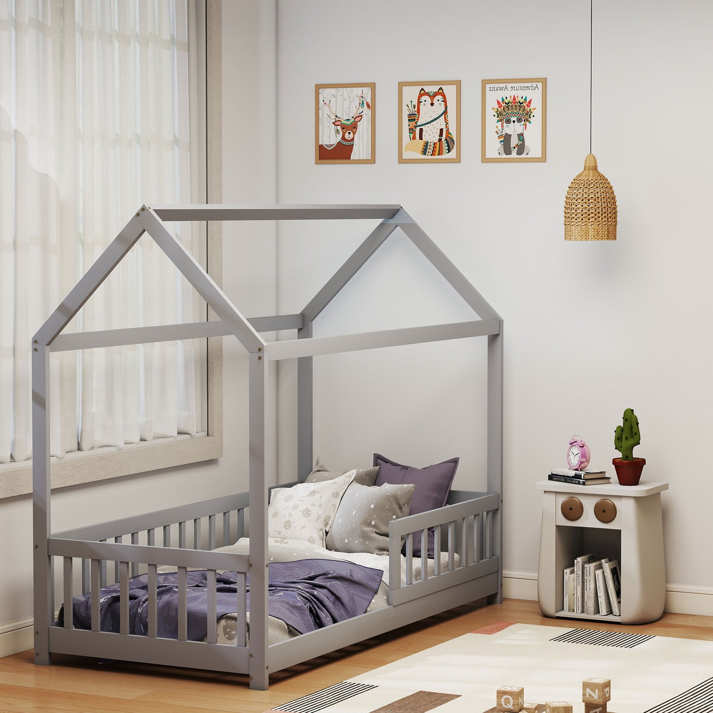 HOMCOM House-Shaped Kids Bed Frame with Guard Rails, Solid Pine Wood Single Bed Frame for Kids Boys and Girls, Grey