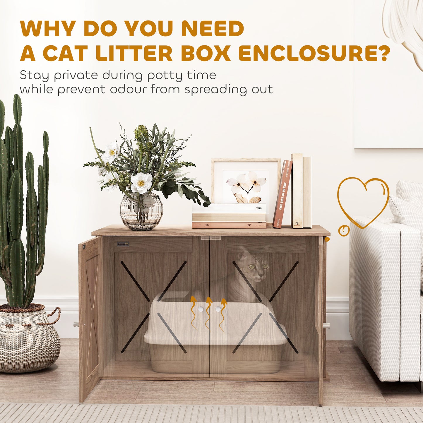 PawHut Cat Litter Box Enclosure with Double Doors and Side Entrance, Non-Slip Pads for Living Room, Walnut Brown