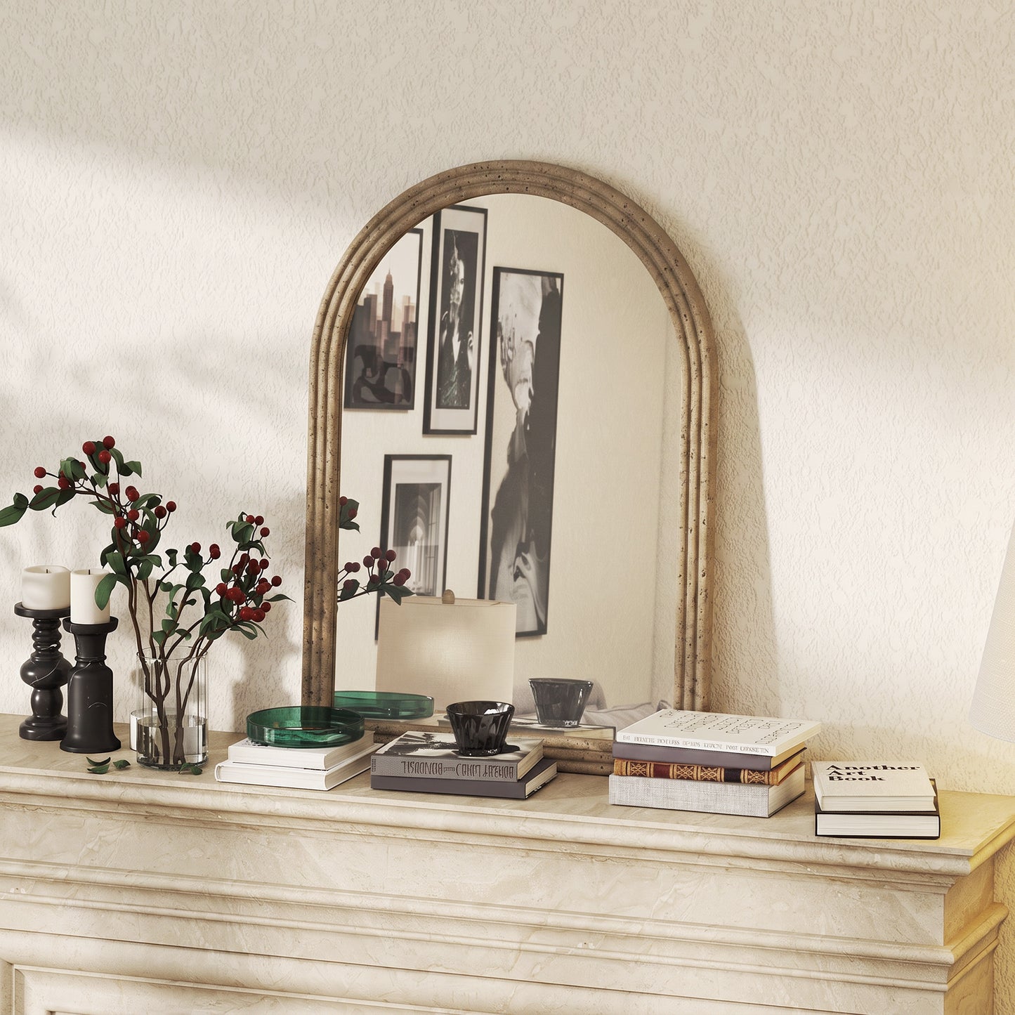 HOMCOM Modern Wall-Mounted Mirror, Arched Wall Mirror with Grooved Edge for Living Room, Entryway, Hallway, Brown