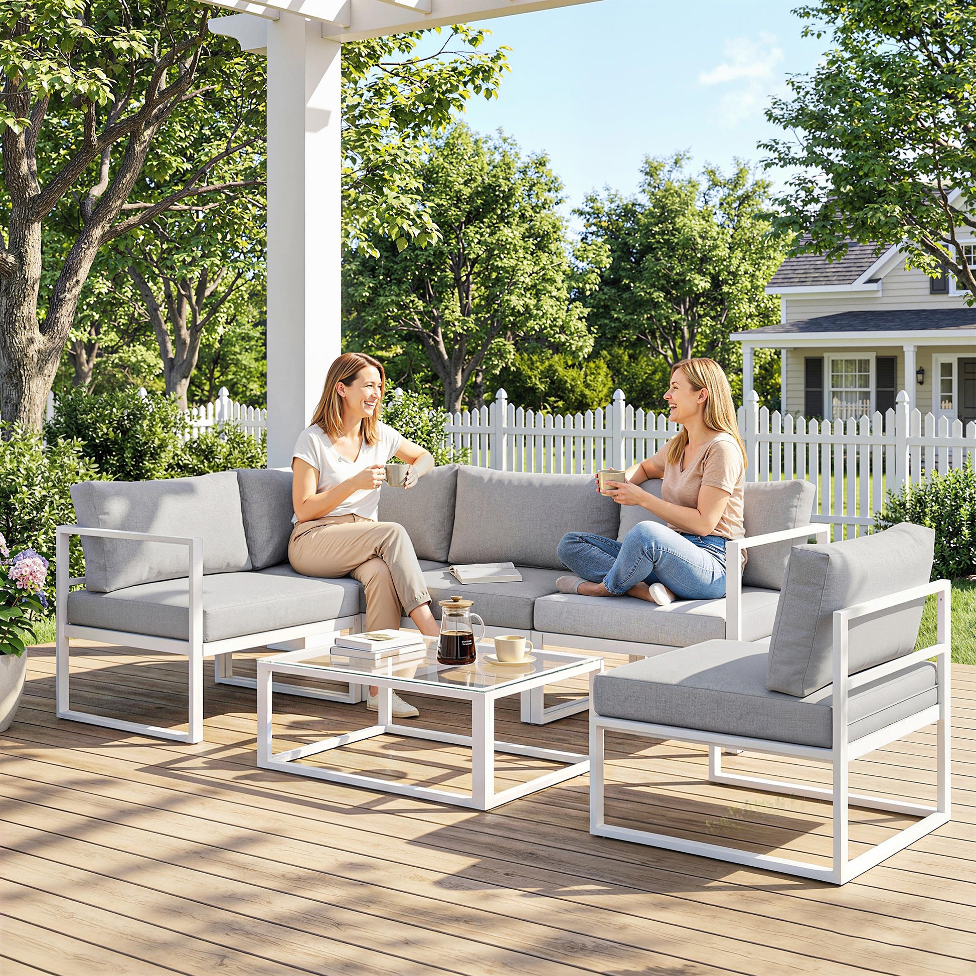 Outsunny 6 Seater Aluminium Garden Furniture Set, Garden Sofa Set with Thick Cushions for Patio and Balcony, Outdoor, Light Grey