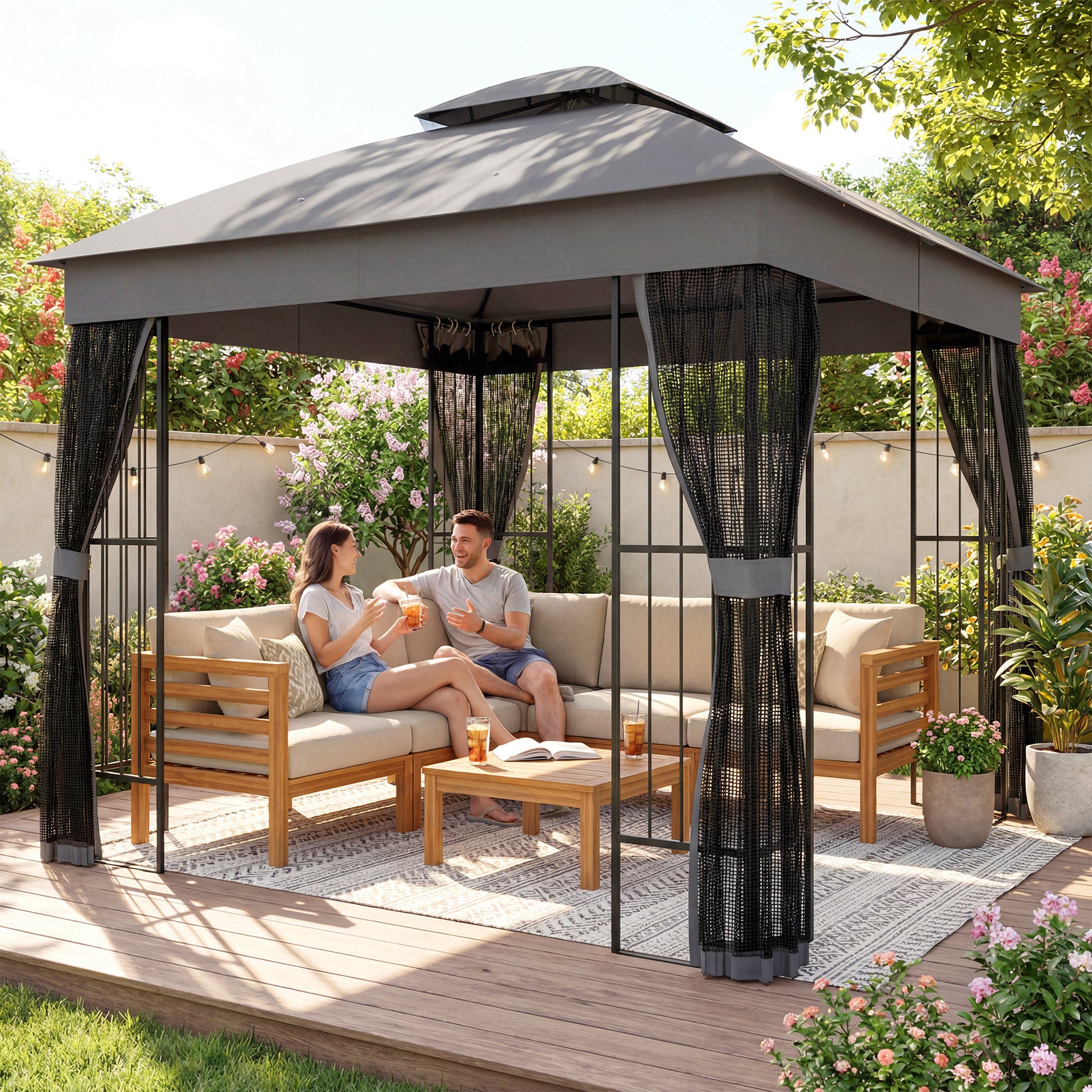 Outsunny 3 x 3 m Outdoor Garden Gazebo with Post Shelves, UPF50+ DoubleÂ Roof Patio Permanent Pavilion, Grey