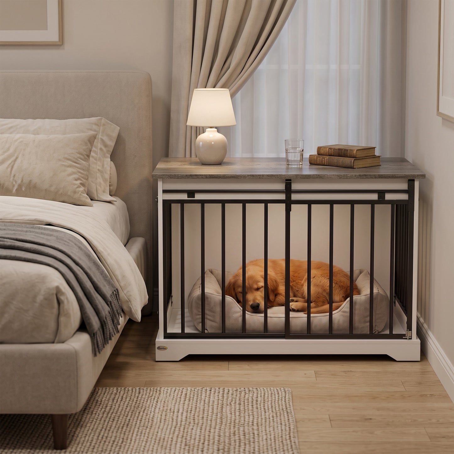 PawHut 100 cm Large Dog Crate Furniture with Sliding Barn Door for Large Dogs, White