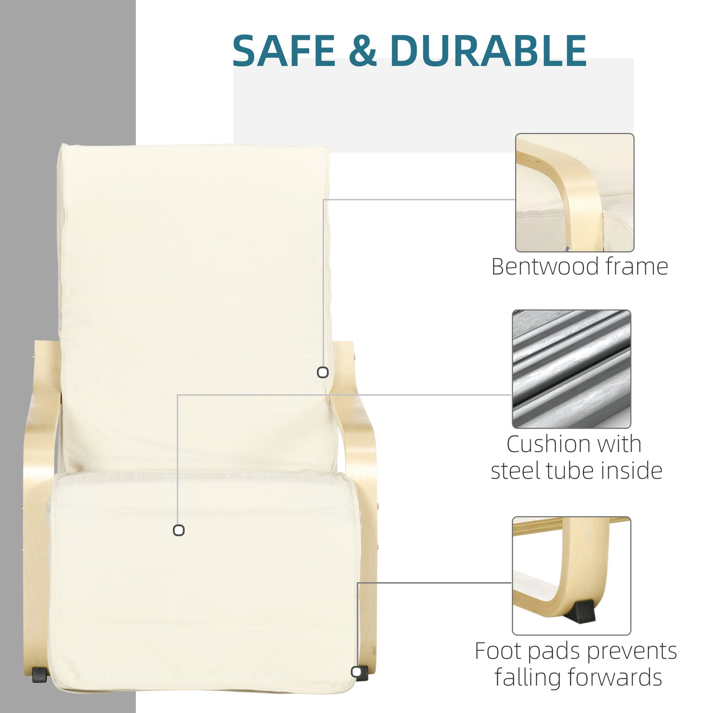 HOMCOM Wooden Armchair, Upholstered Linen Lounge Chair with Adjustable Footrest & Removable Cushion, Poang Chair for Living Room, Cream White