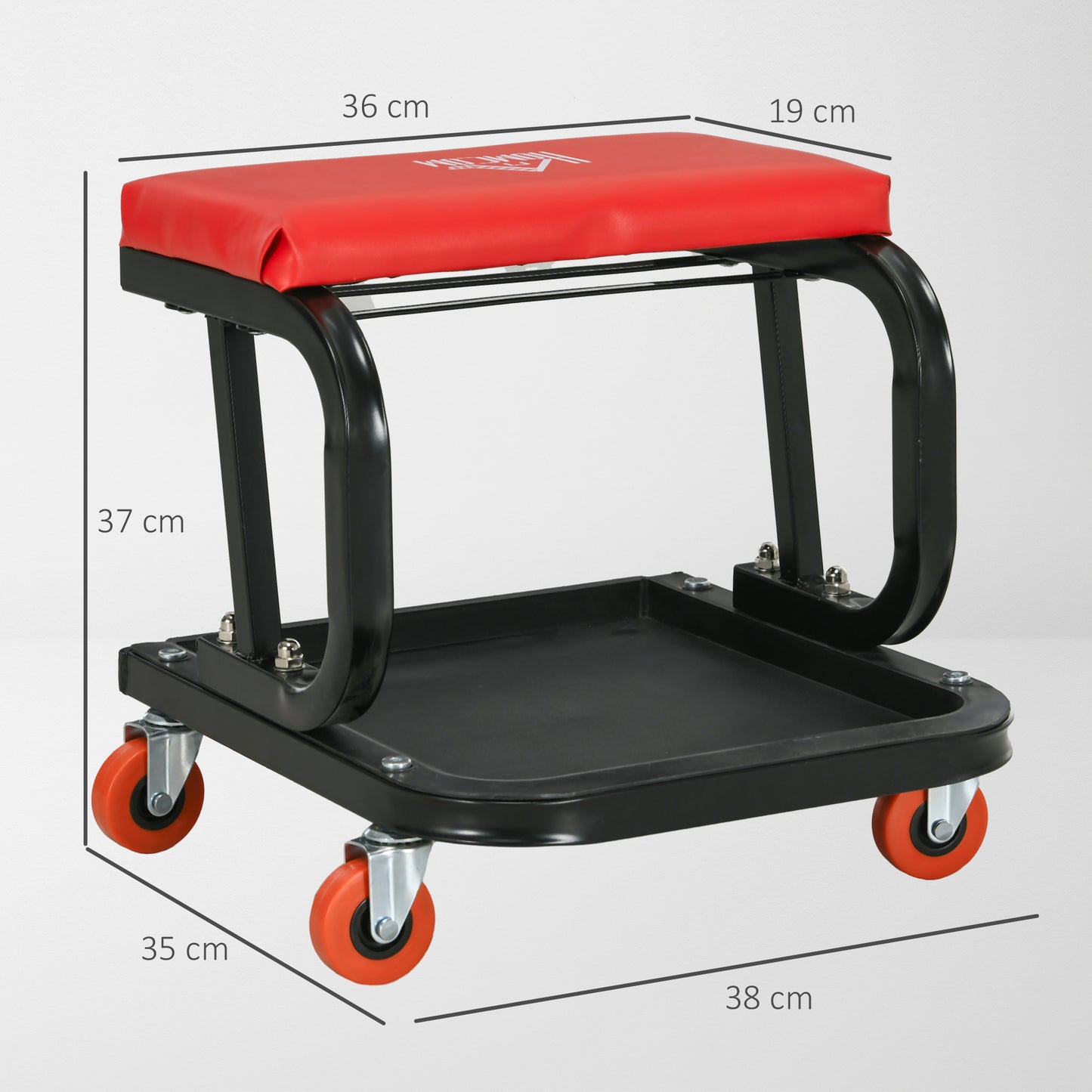 HOMCOM Workshop Stool, Rolling Machine Stool with 360Â° Swivel, Padded Seat, Tool Tray, Red