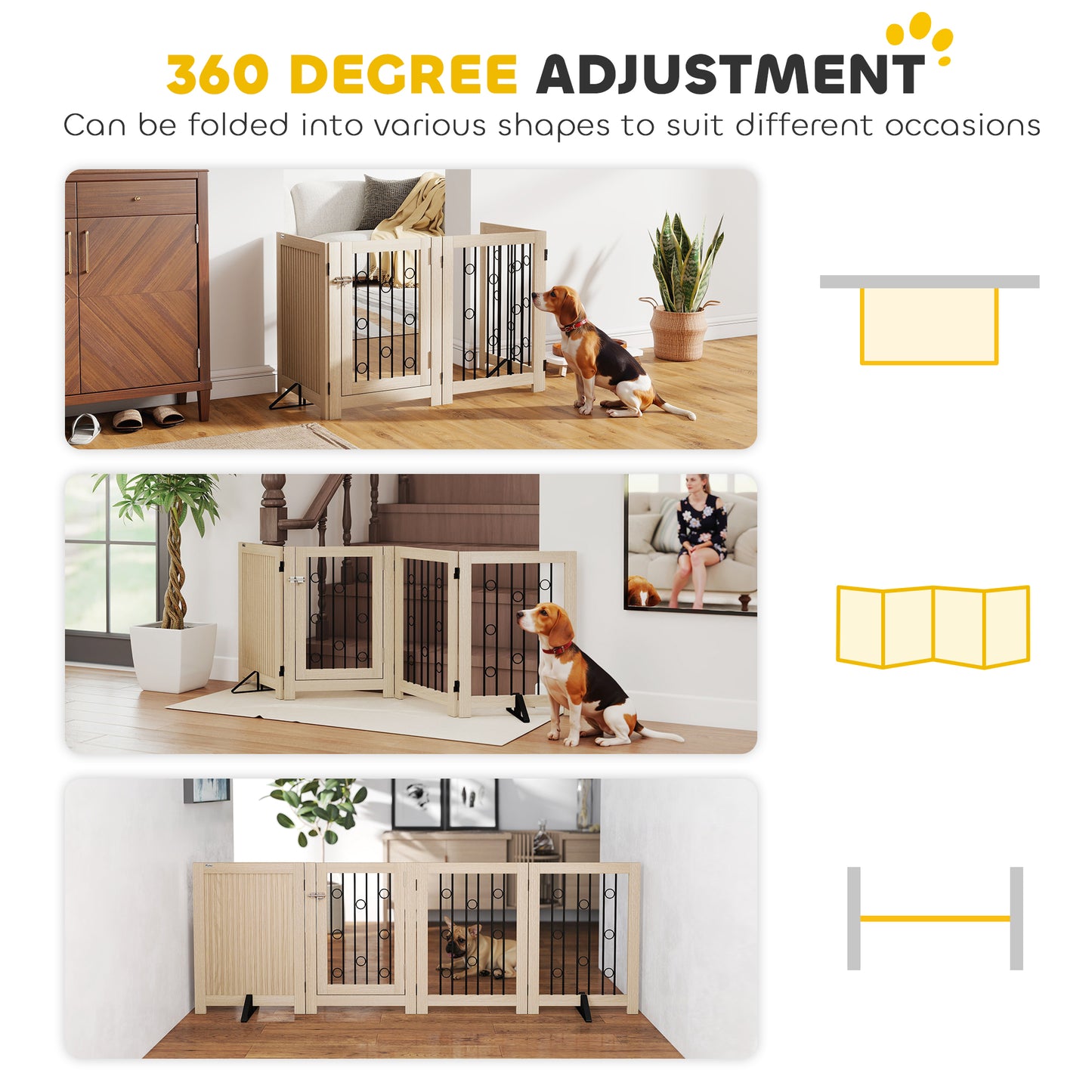 PawHut 4 Panel Freestanding Pet Gate, Indoor Dog Barrier with Lockable Door, Support Feet, 360Â° Flexible Hinges, Oak