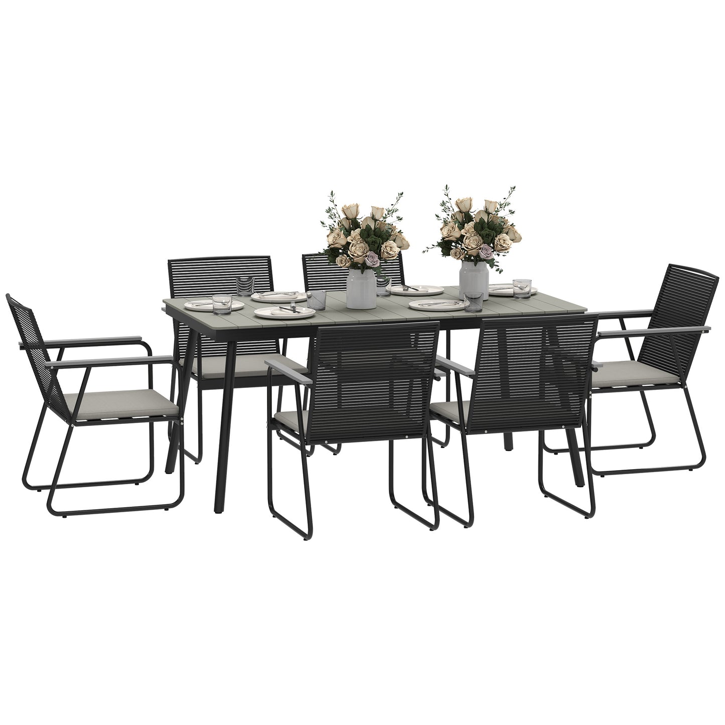 Outsunny 6â€‘Seater Garden Dining Set with Cushions, Rattan Backrest, Plastic Top, Garden Furniture Set, Grey Default Title