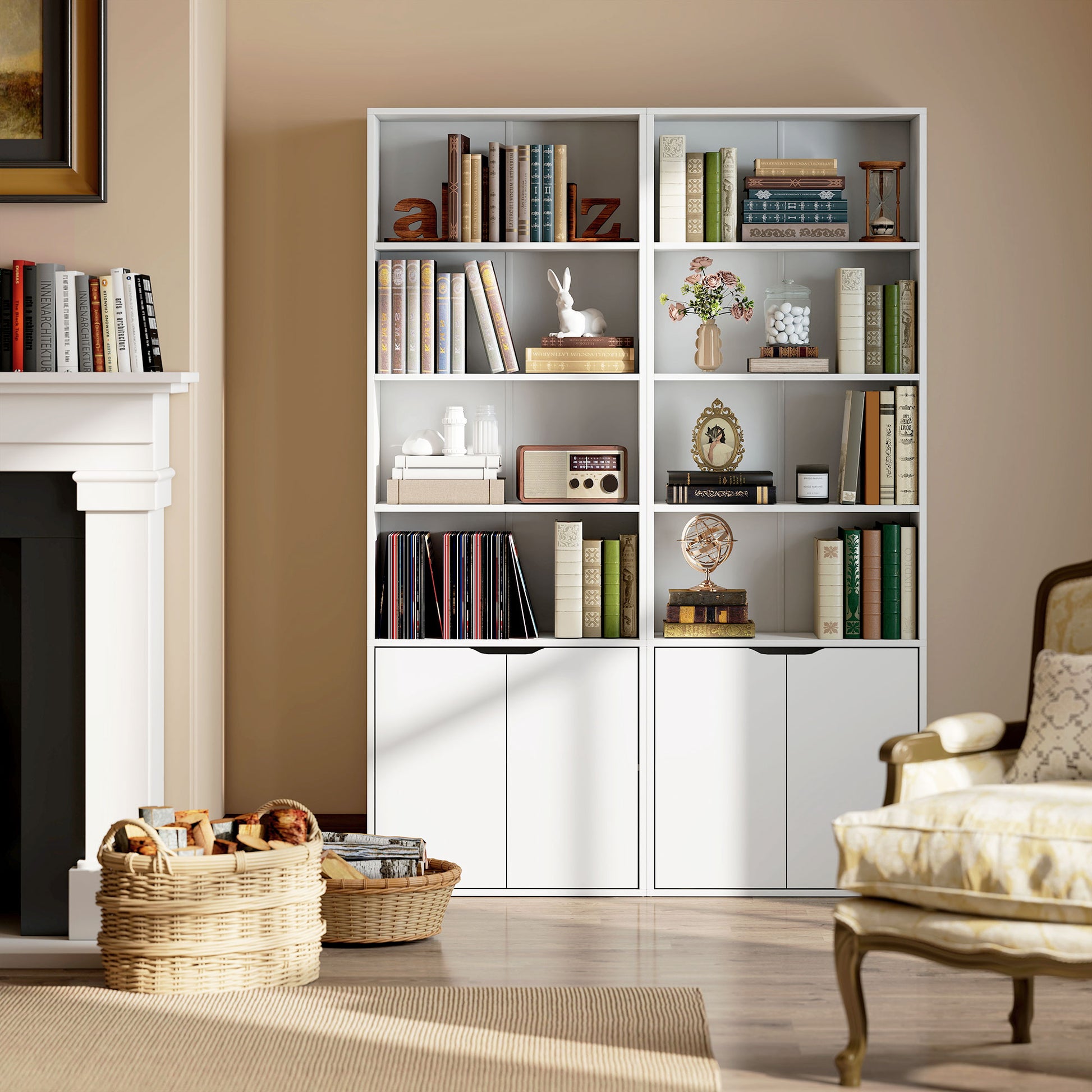 HOMCOM 6-Tier Tall Bookcase, Bookshelf with 4 Open Shelves and Double Door Storage Cabinet, Freestanding Display Rack for Living Room, Bedroom, Home Office, Study, 59 x 29 x 180cm, White