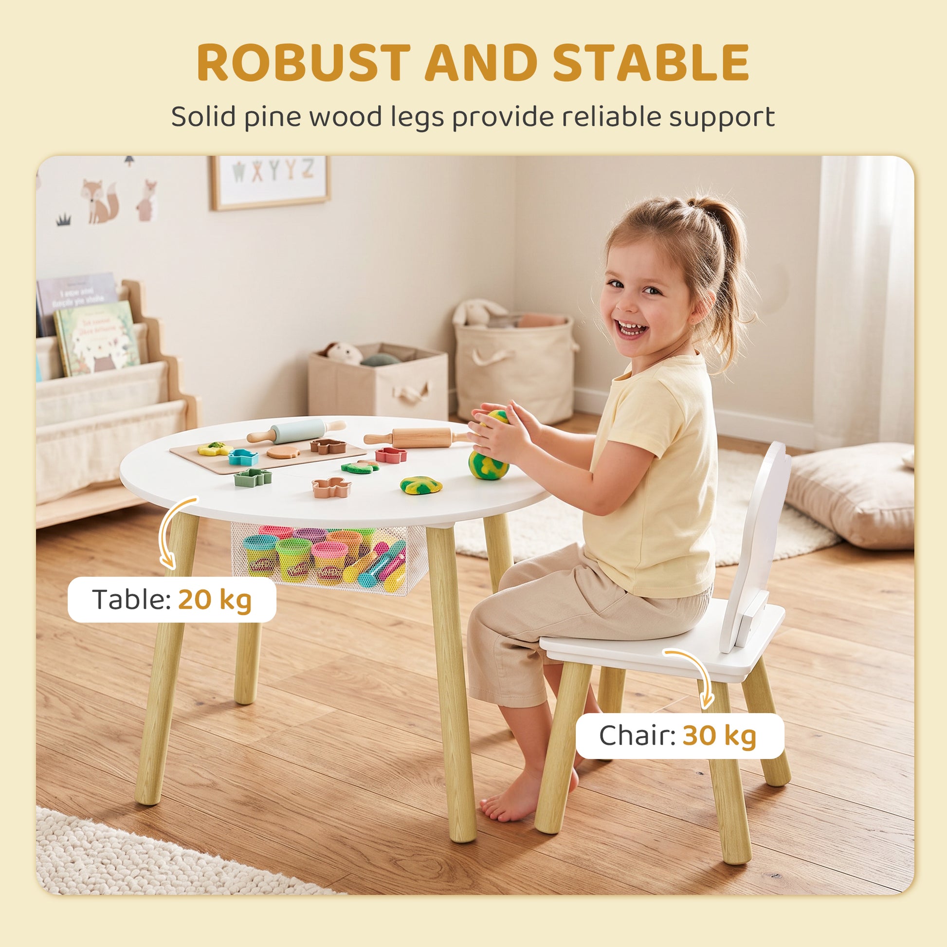 AIYAPLAY Kids Table and Chairs Set with Storage Bag Toddler Table and Chairs Set 3 Piece for Playroom White