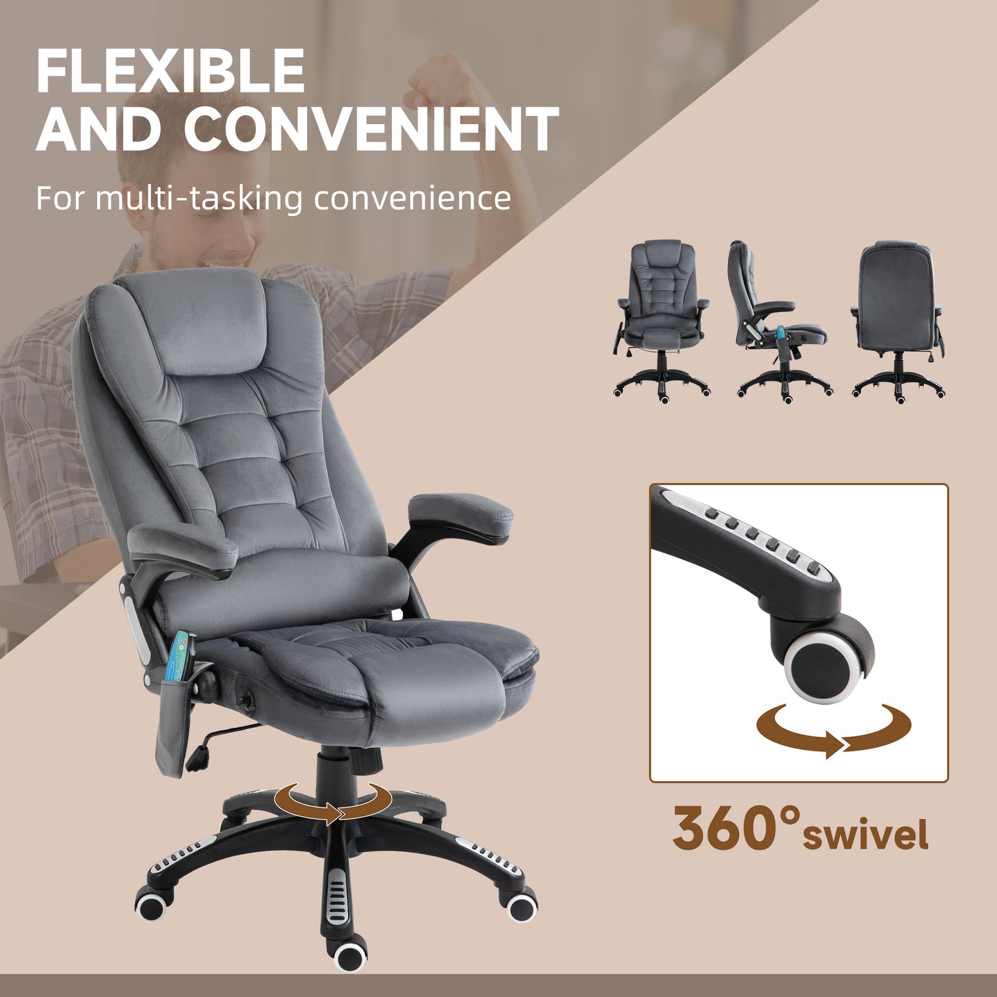 Vinsetto Massage Recliner Chair Heated Office Chair with Six Massage Points Velvet-Feel Fabric 360Â° Swivel Wheels Grey