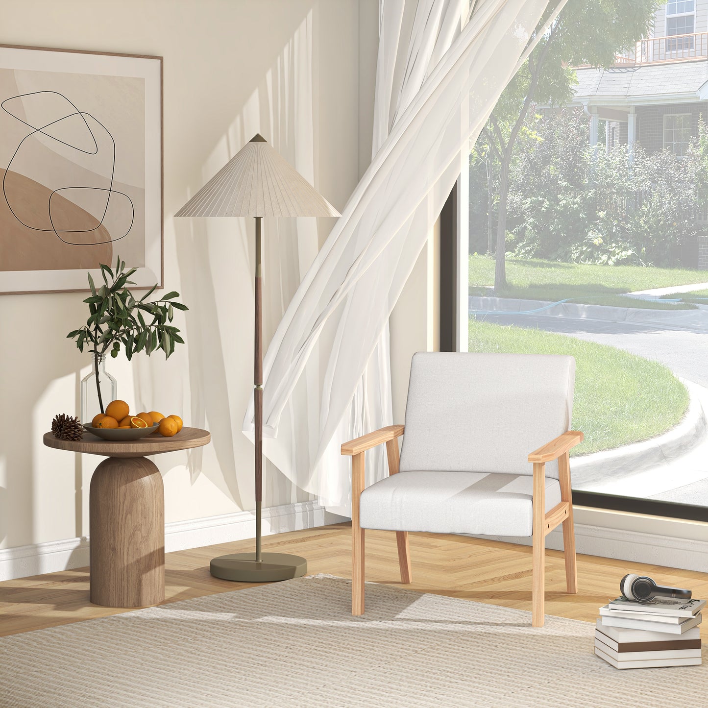 HOMCOM Modern Armchair, Linen Upholstered Sofa with Solid Wood Legs and Wide Seat, Accent Chair for Living Room Bedroom Office, Cream White