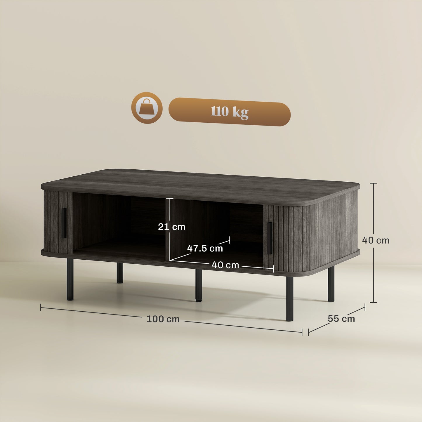 HOMCOM Coffee Table with Storage, Living Room Table with Slatted Tambour Sliding Doors and Foot Pads, Rectangular Coffee Table with Elevated Base for Living Room, Grey Wood-Effect