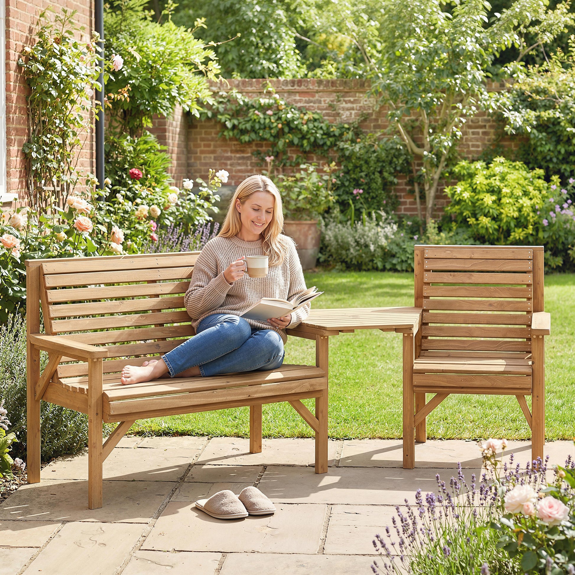 Outsunny Wooden Garden Furniture Set , 1 Chair, 1 Bench and Detachable Table, Natural Wood Finish