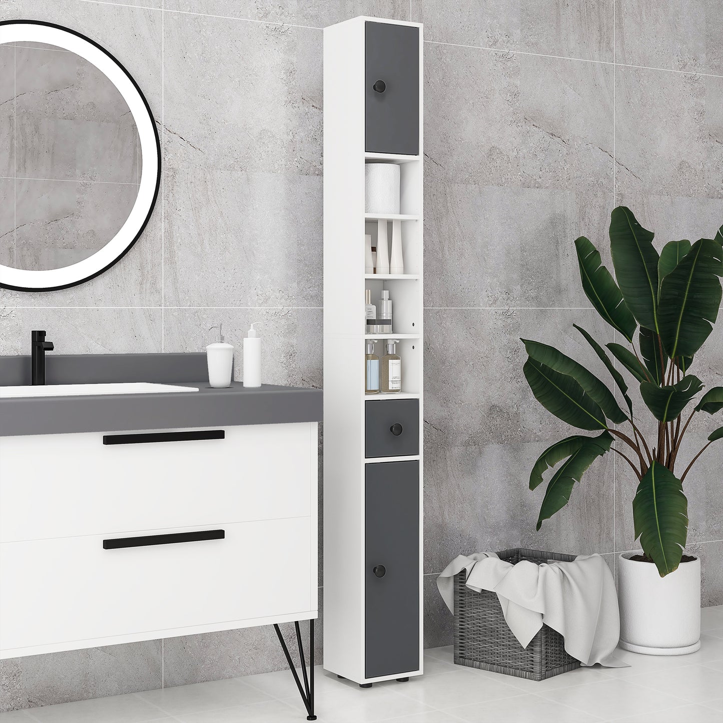 kleankin 180cm Slim Bathroom Cabinet, with Drawer, Shelves and Cupboards - Grey