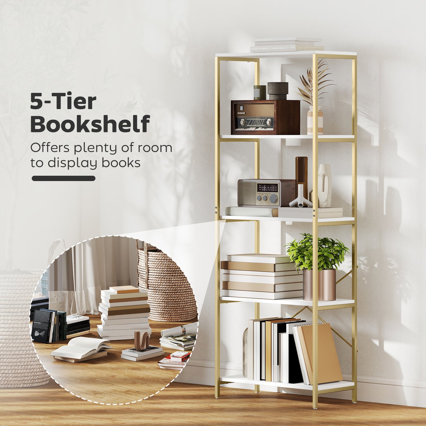 HOMCOM 5-Tier Bookshelf, Modern Bookcase with Metal Frame - White and Gold Tone