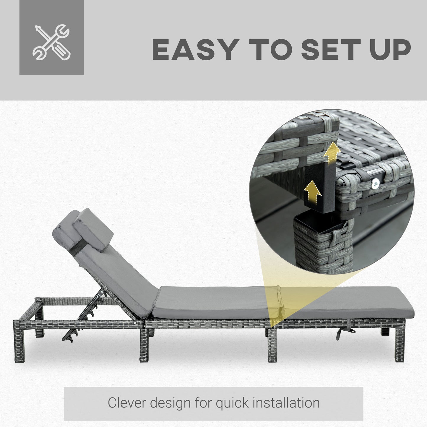 Outsunny 2 Pieces Outdoor PE Rattan Sun Loungers set of 2 with Cushion, Garden Wicker Sunbed Furniture with 5 - Level Recliner Backrest, Grey