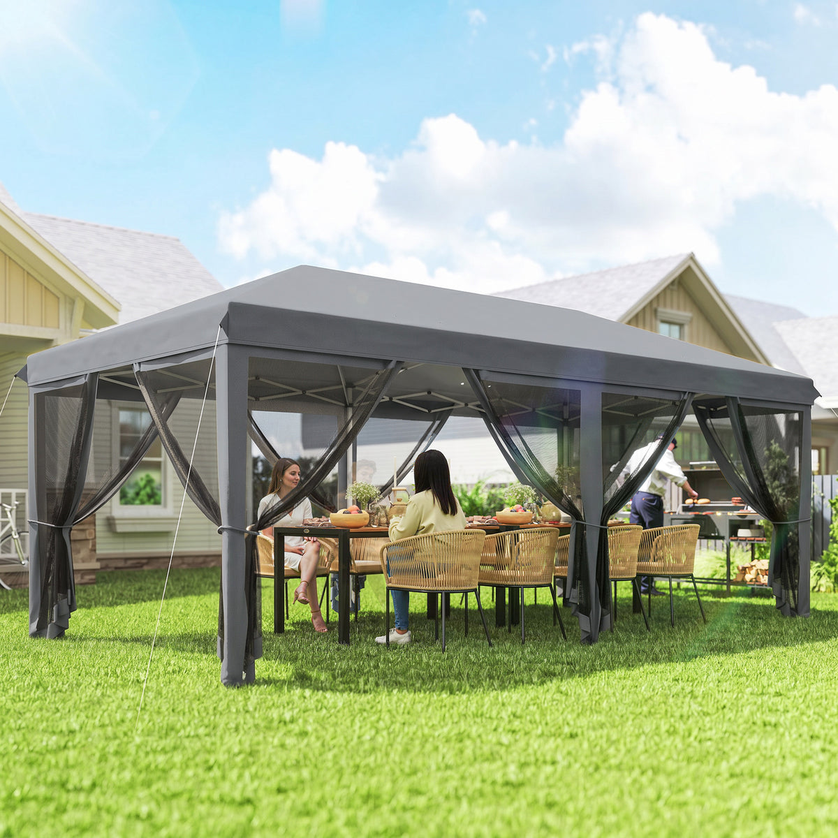 Outsunny 3 x 6m Pop Up Gazebo, Outdoor Canopy Shelter, Marquee Party Wedding Tent with 6 Mesh Walls and Carry Bag, Grey