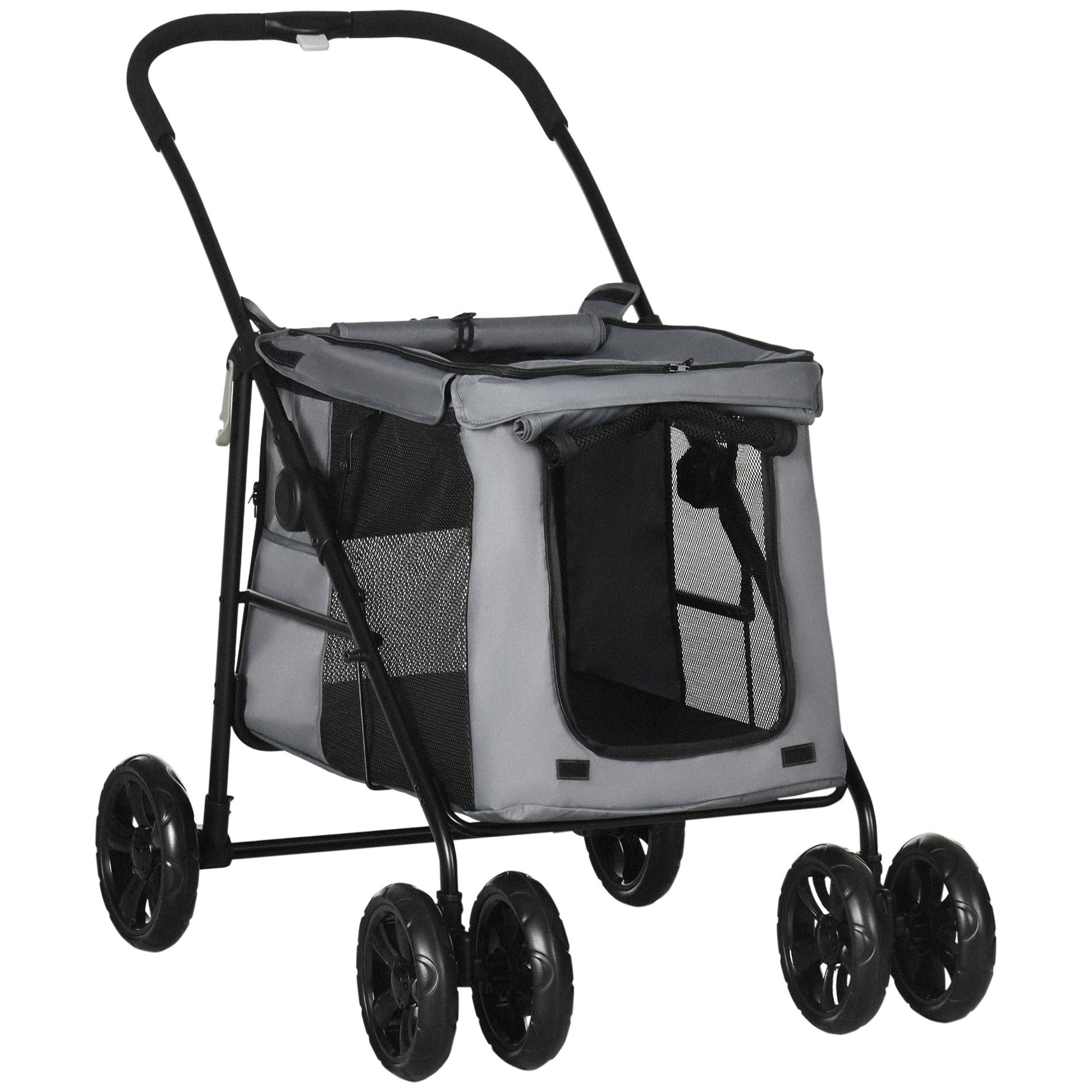 PawHut Dog Pram Dog Stroller 4 Wheels Pet Pushchair with Rolling Door, Cushion, Safety Leashes, for Small and Medium Breeds, Grey