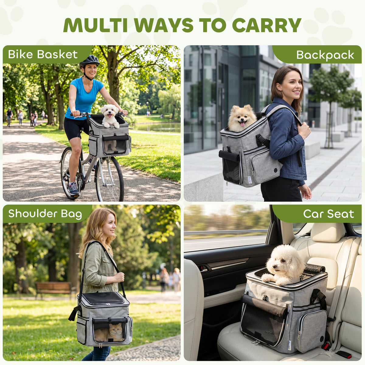 PawHut Dog Bike Basket, Soft-Sided Pet Carrier with Security Leash, Mesh Door & Window, Plush Cushion, Bowl, Light Grey