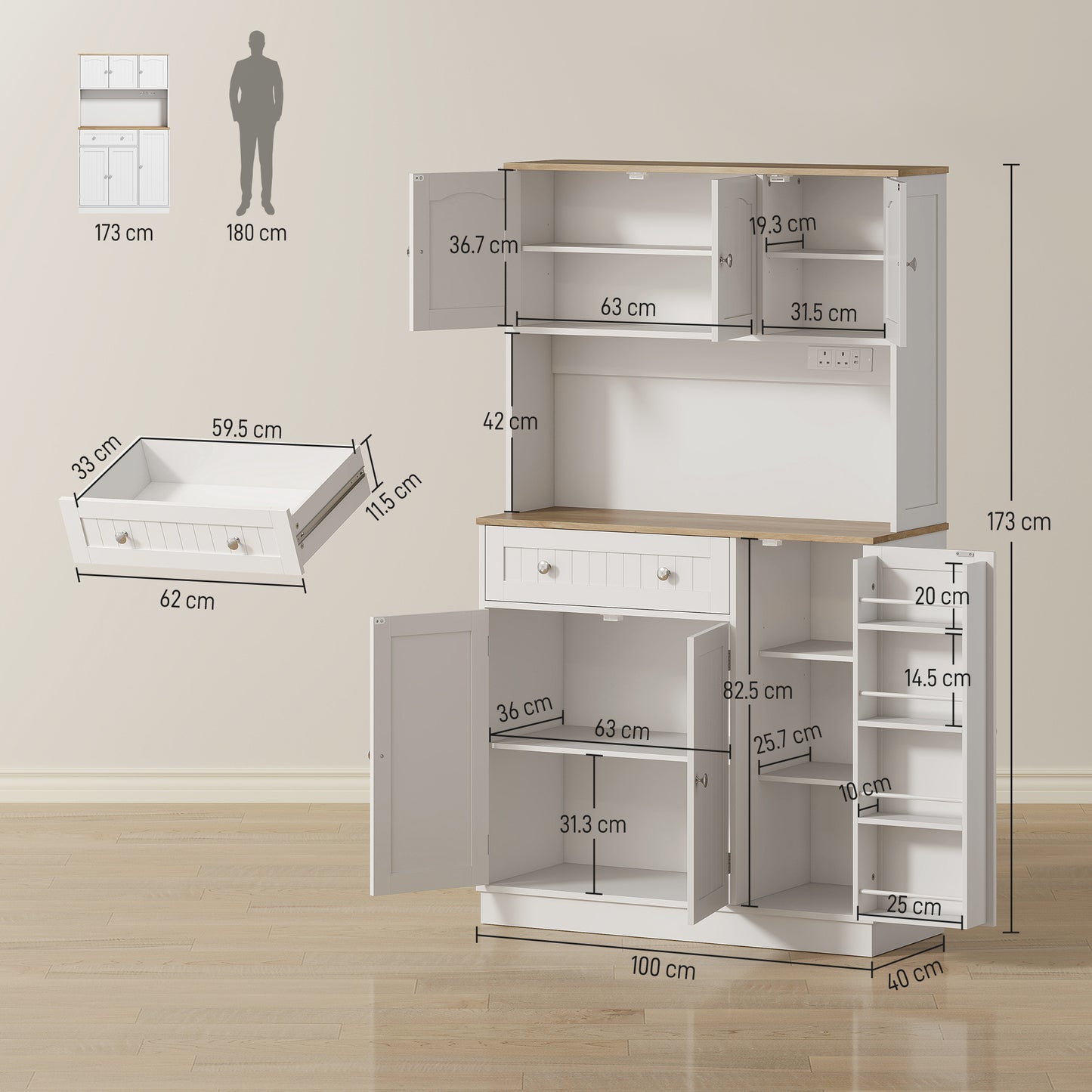 HOMCOM 173 cm Tall Kitchen Cupboard with Charging Station, Pantry Storage Cabinet with Adjustable Shelves and 5 Door Racks