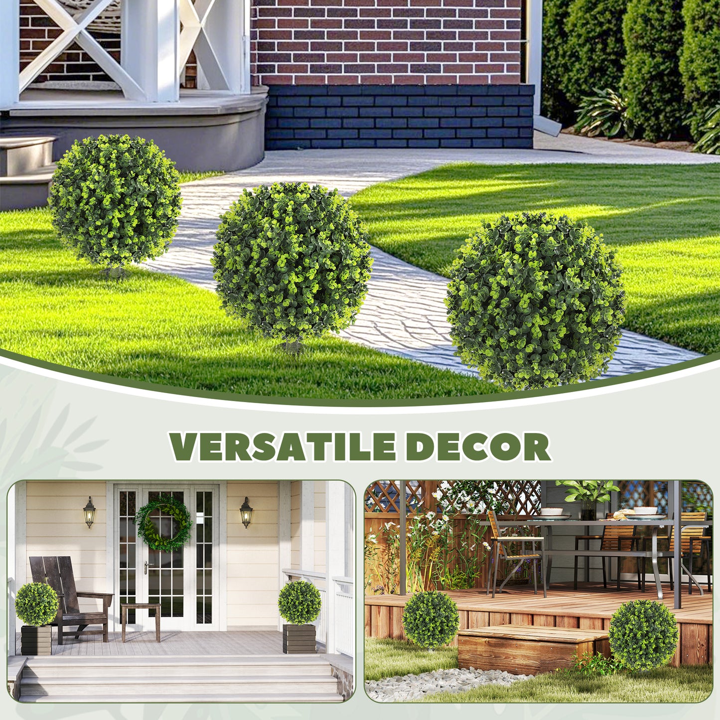 HOMCOM Set of 2 40 cm Artificial Boxwood Topiary Ball Bush with Integrated Ground Stake, Eucalyptus Leaves, Indoor Outdoor UV Resistant Faux Greenery, Faux Plants for Garden, Porch, Balcony