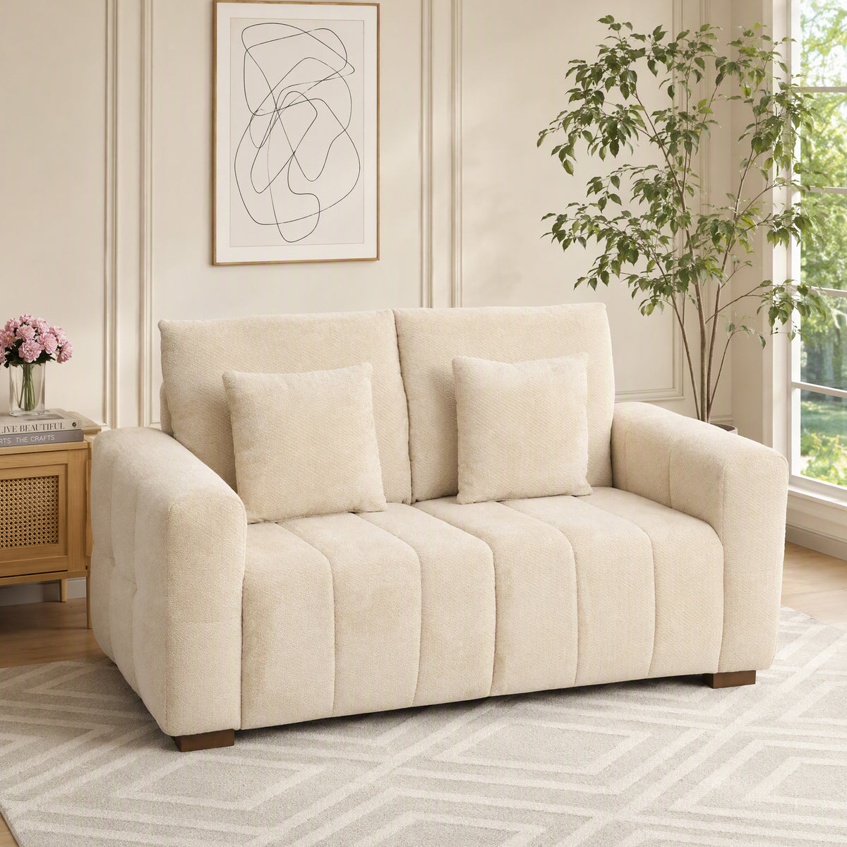 HOMCOM 2 Seater Sofa, Upholstered Velvet Small Couch for Bedroom with Pillows, Modern Sofa Settee with Padded Cushion and Wood Legs for Living Room, Cream White