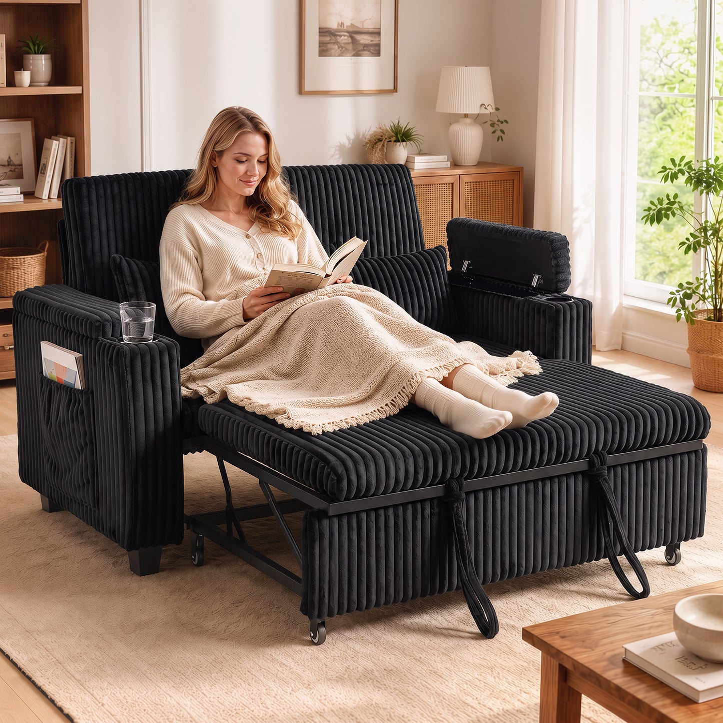 HOMCOM 2 Seater Sofa Bed, Pull Out Sleeper Sofa w/ Adjustable Backrest, Storage Armrests, Cup Holders, Side Pockets, Black