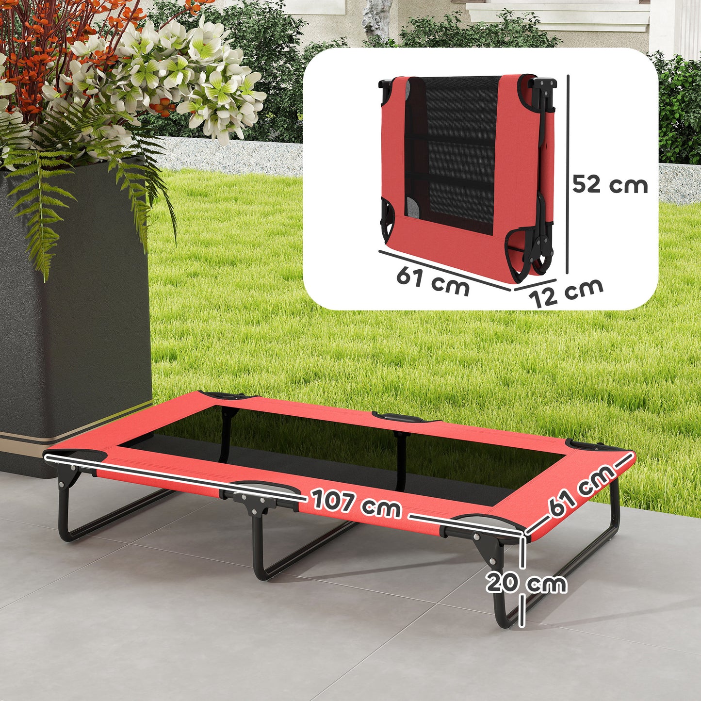 PawHut Portable Raised Dog Bed, Elevated Pet Cot with Breathable Mesh for Indoor Outdoor, for Large Dogs, Red