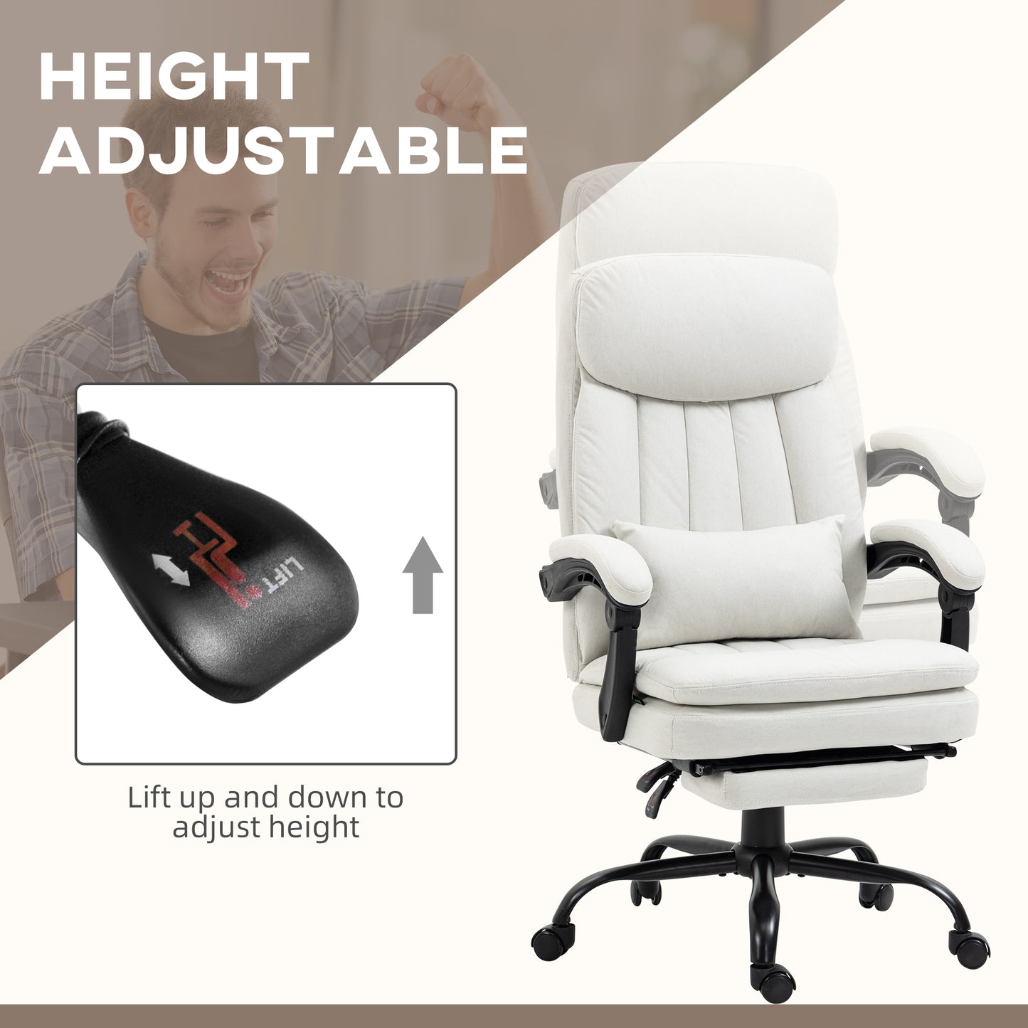 Vinsetto Office Chair, Ergonomic Desk Chair with 6-Point Vibration Massage and Lumbar Heating, Computer Chair with Lumbar Support Pillow, 155Â° Reclining Back and Footrest, Cream White