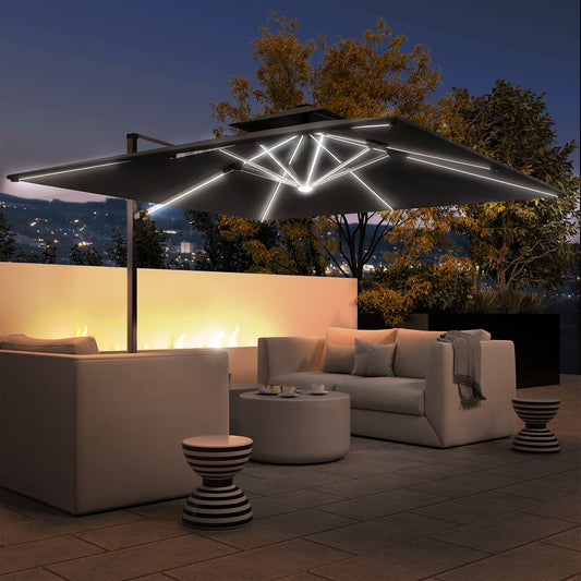 Outsunny 3(m) Garden Cantilever Parasol with Solar LED Lights, Cross Base, 360Â° Rotation, Crank Handle and Tilt, Grey