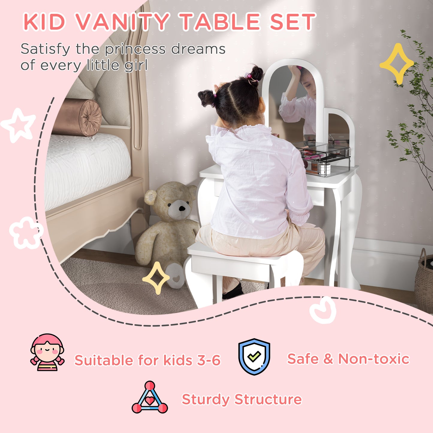 HOMCOM Kids Dressing Table Set, with Mirror and Drawer - White