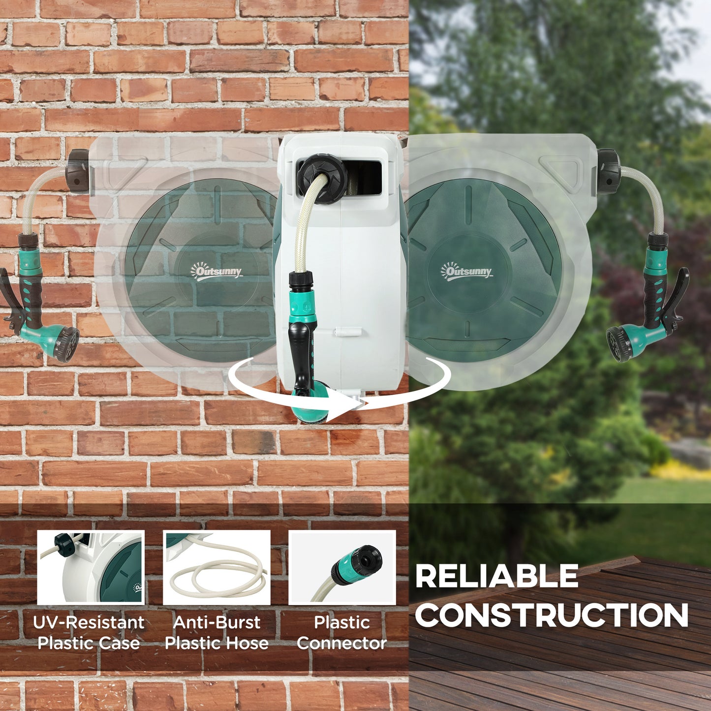 Outsunny Retractable Hose Reel Wall Mounted, 30+2m Garden Hose Pipe Reel with Lock, Auto Rewind, 7 in 1 Spray Nozzle, Includes Wall Fixings, 180Â° Swivel, Outdoor Watering, Grey