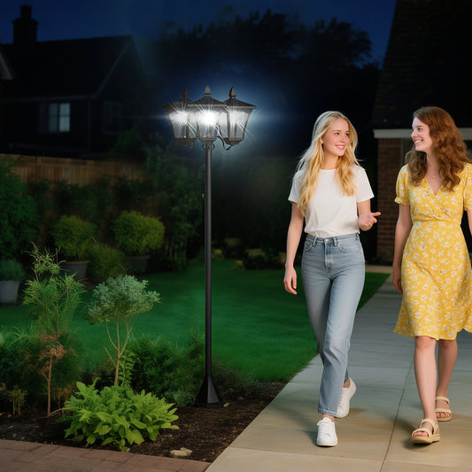 Outsunny 1.8m Traditional Victorian Style 3 Way Head Outdoor Garden Solar Post Lamp Sensor Dimmable LED Lantern Bollard Pathway IP44 â€“ Black